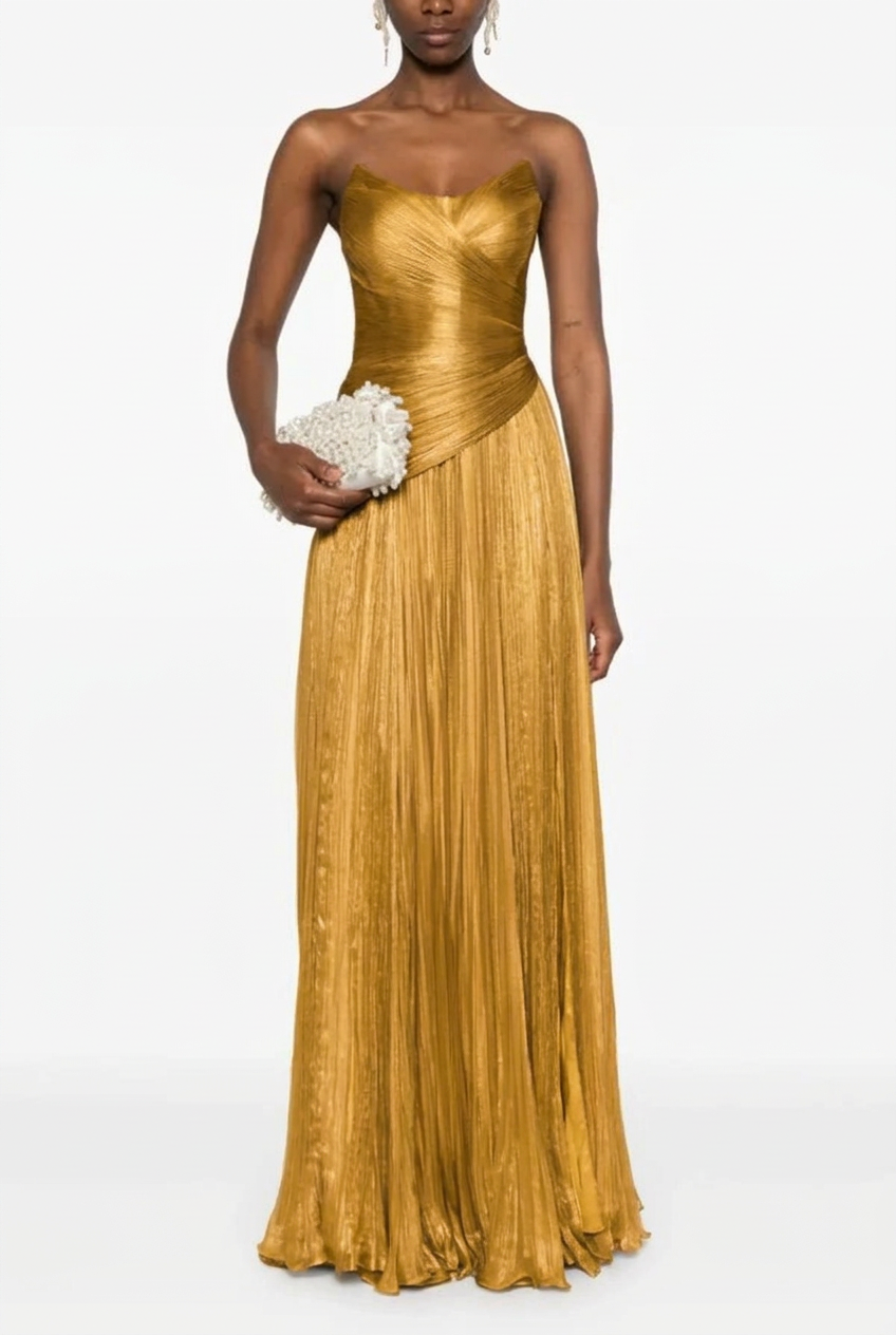 Gold sweetheart pleated A-line evening dress