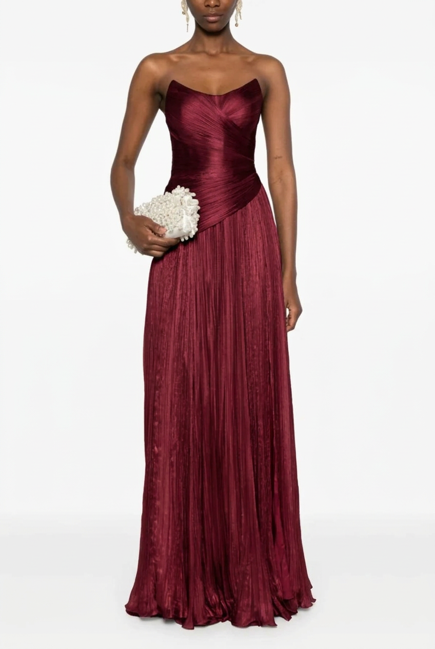 Burgundy sweetheart pleated A-line evening dress