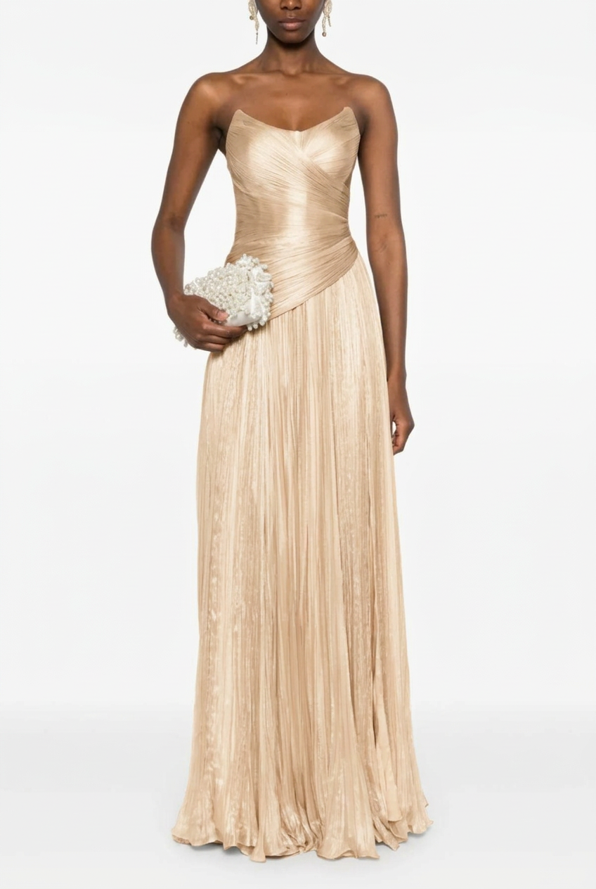 Champagne sweetheart pleated A-line evening dress