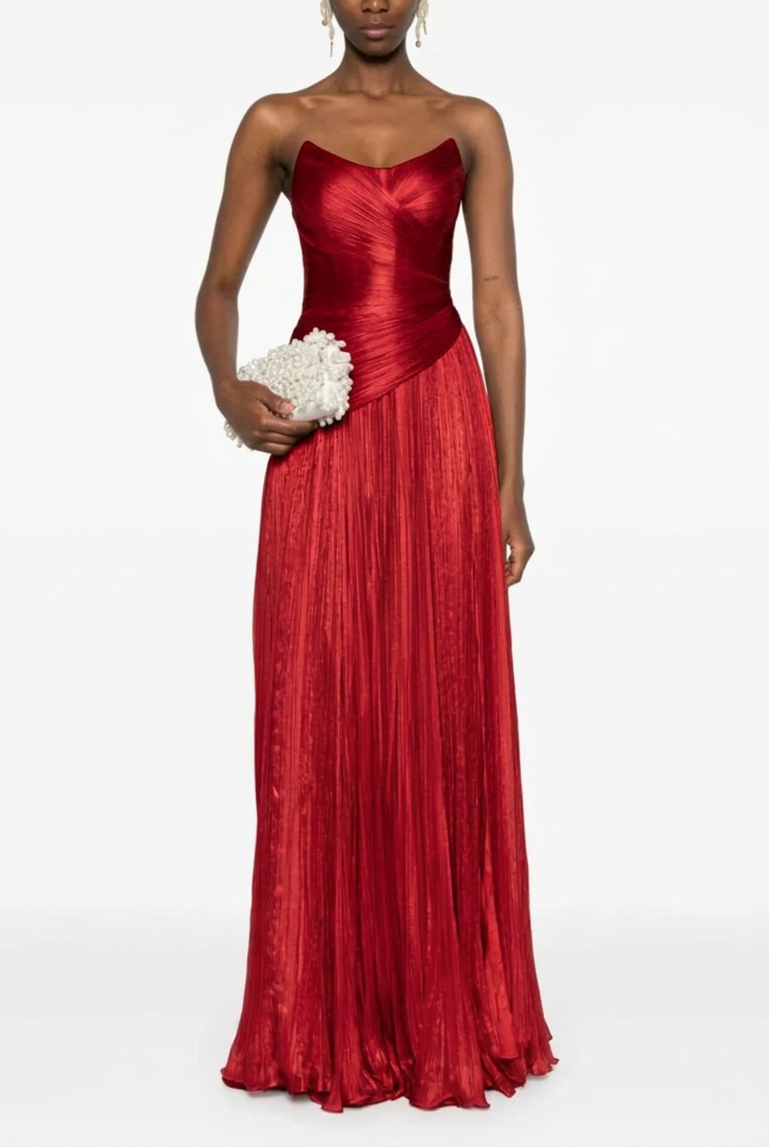Red sweetheart pleated A-line evening dress