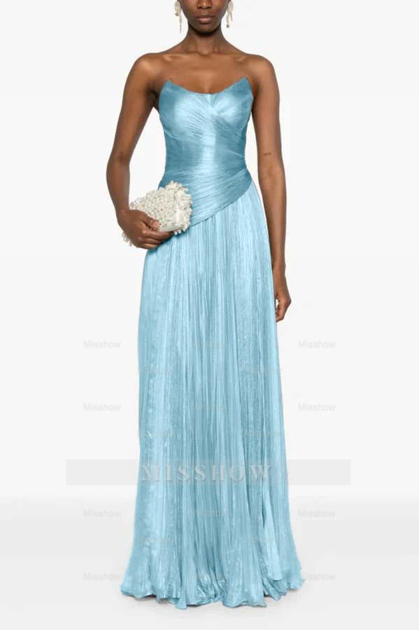 Champagne Strapless Sleeveless Sweetheart A-Line Satin Pleated Floor Formal Evening Gown