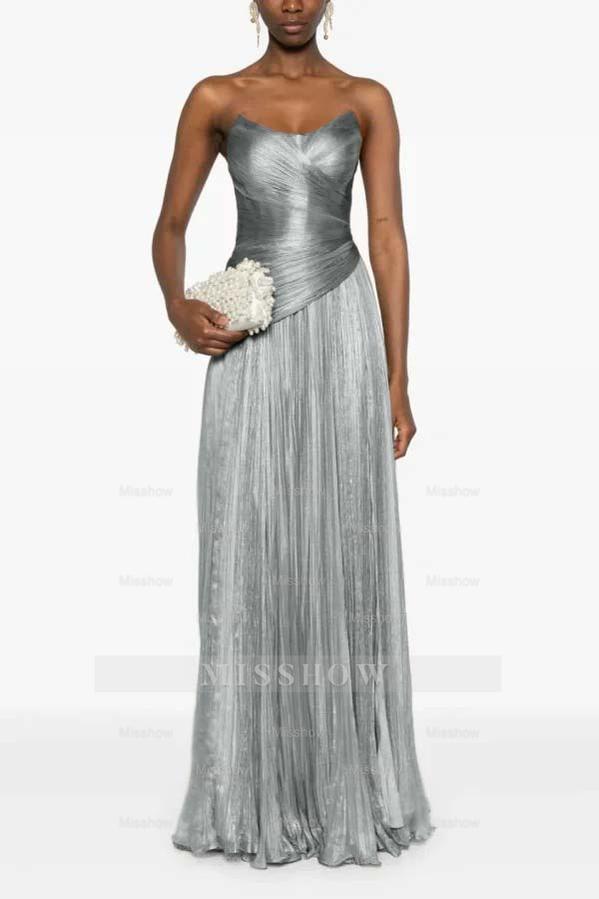 Champagne Strapless Sleeveless Sweetheart A-Line Satin Pleated Floor Formal Evening Gown