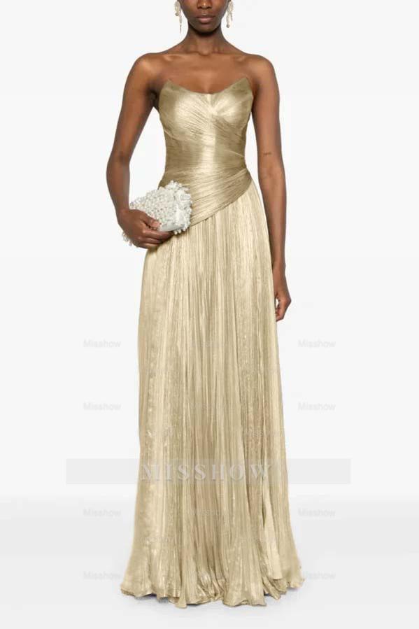 Champagne Strapless Sleeveless Sweetheart A-Line Satin Pleated Floor Formal Evening Gown