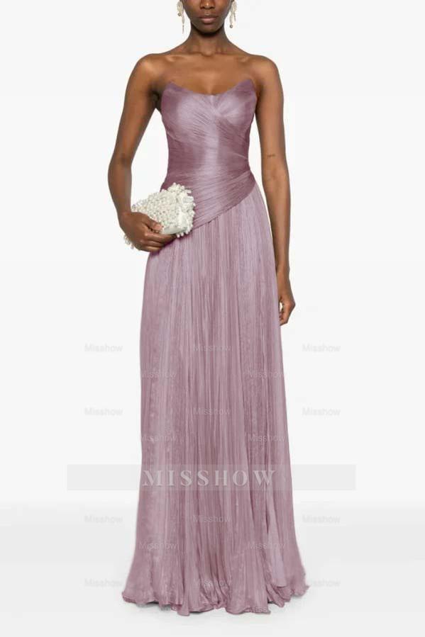 Champagne Strapless Sleeveless Sweetheart A-Line Satin Pleated Floor Formal Evening Gown