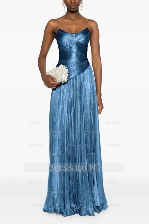 Champagne Strapless Sleeveless Sweetheart A-Line Satin Pleated Floor Formal Evening Gown