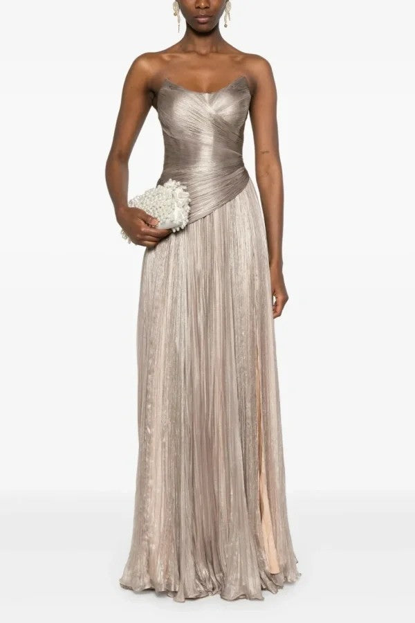 Champagne Strapless Sleeveless Sweetheart A-Line Satin Pleated Floor Formal Evening Gown