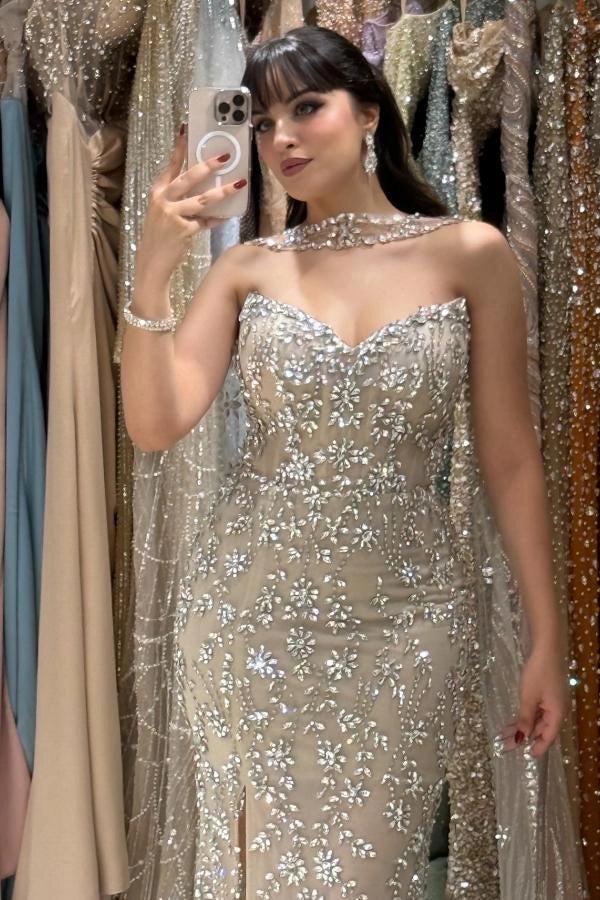 Champagne Strapless Sweetheart Sleeveless Mermaid Sequined Beaded Cape Formal Evening Gown