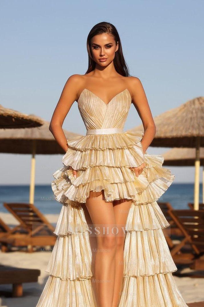 Champagne Strapless Sweetheart Sleeveless Ruffled Organza Fit and Flare Floor Evening Gown