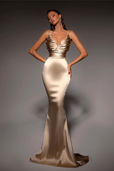 Champagne Strapless V Neck Sleeveless Ruched Mermaid Satin Floor Formal Evening Gown