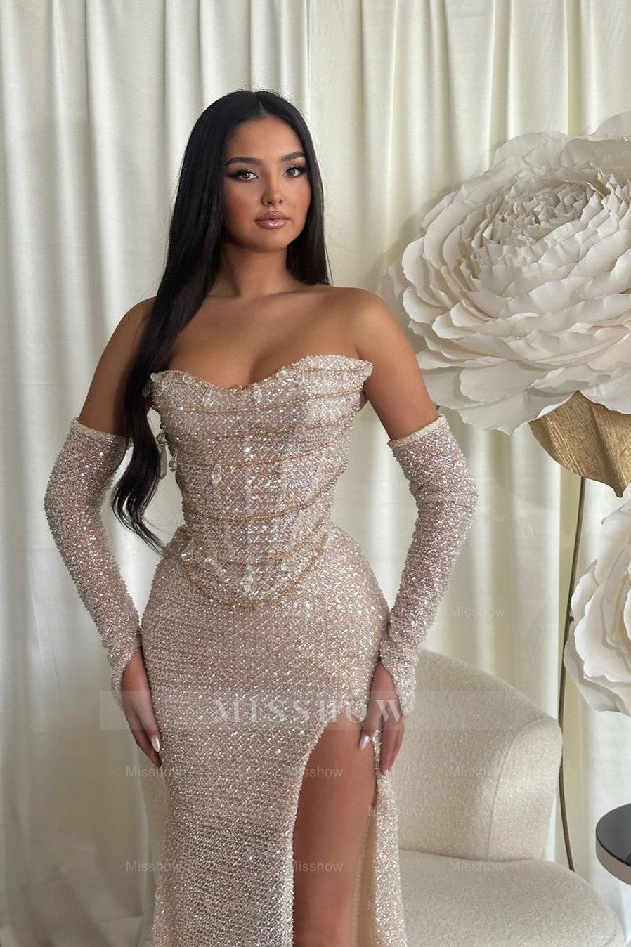Champagne Sweetheart Long Sleeve Sequined Mermaid Ruffled Floor Length Formal Evening Gown