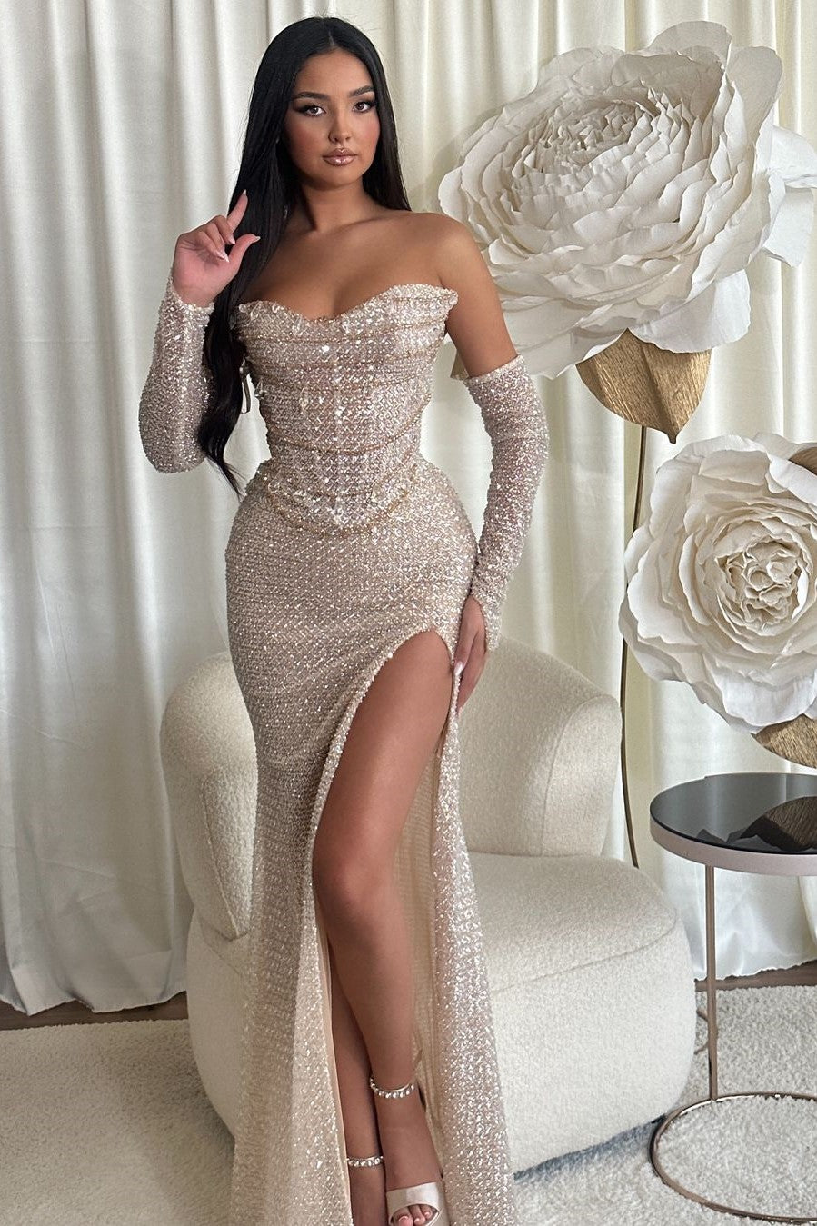 Champagne Sweetheart Long Sleeve Sequined Mermaid Ruffled Floor Length Formal Evening Gown