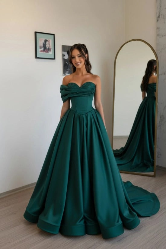 Champagne Sweetheart Off-the-Shoulder Satin Beaded A-Line Floor Length Formal Evening Gown