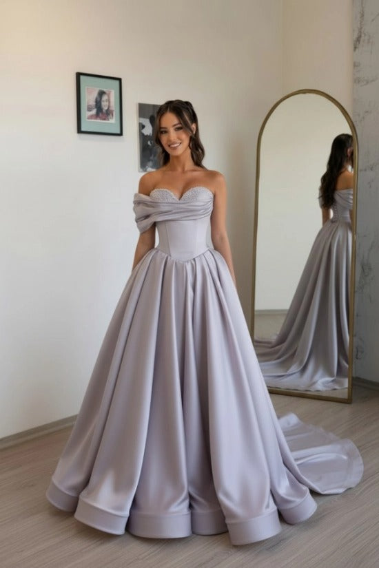 Champagne Sweetheart Off-the-Shoulder Satin Beaded A-Line Floor Length Formal Evening Gown