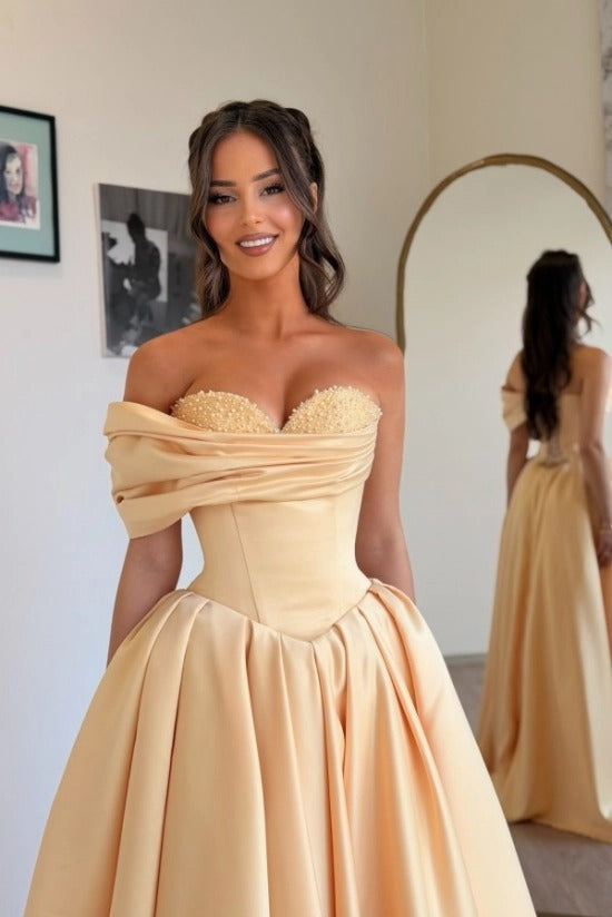 Champagne Sweetheart Off-the-Shoulder Satin Beaded A-Line Floor Length Formal Evening Gown