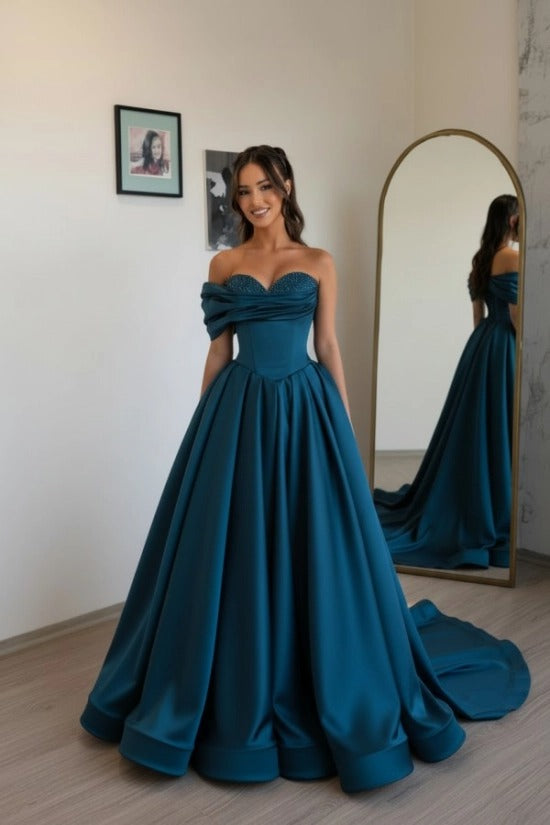 Champagne Sweetheart Off-the-Shoulder Satin Beaded A-Line Floor Length Formal Evening Gown