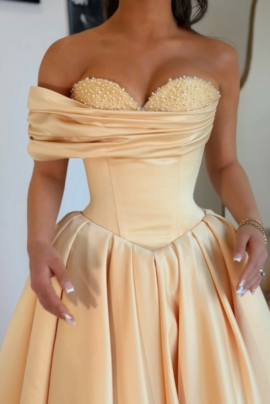 Champagne Sweetheart Off-the-Shoulder Satin Beaded A-Line Floor Length Formal Evening Gown