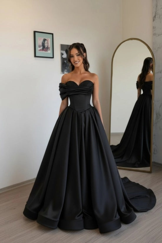 Champagne Sweetheart Off-the-Shoulder Satin Beaded A-Line Floor Length Formal Evening Gown