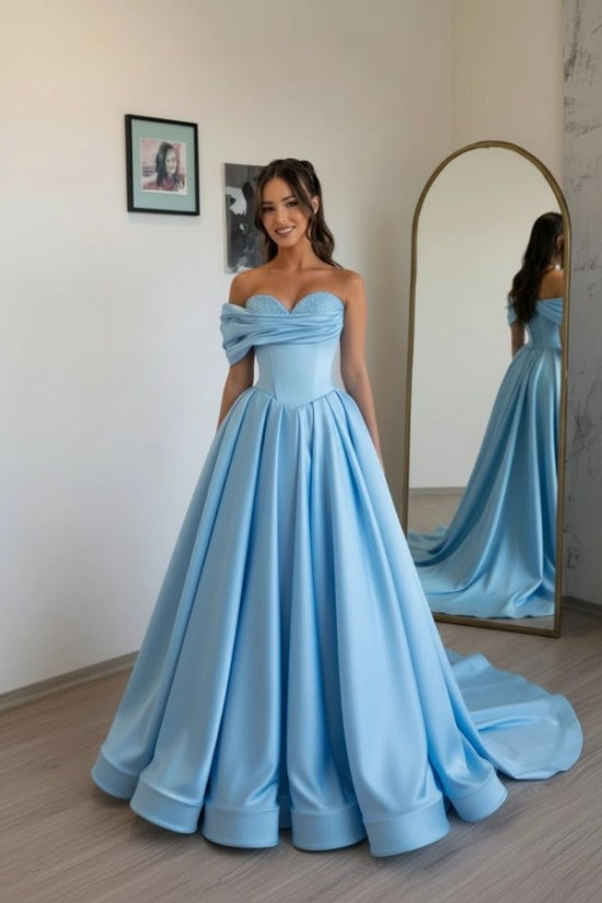 Champagne Sweetheart Off-the-Shoulder Satin Beaded A-Line Floor Length Formal Evening Gown