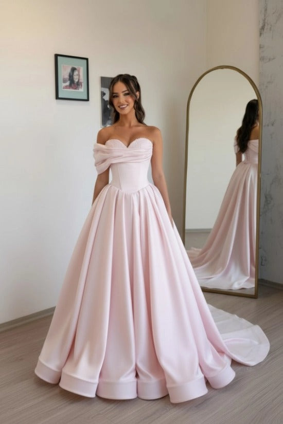 Champagne Sweetheart Off-the-Shoulder Satin Beaded A-Line Floor Length Formal Evening Gown