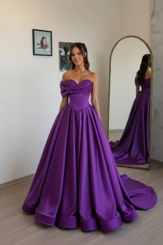 Champagne Sweetheart Off-the-Shoulder Satin Beaded A-Line Floor Length Formal Evening Gown