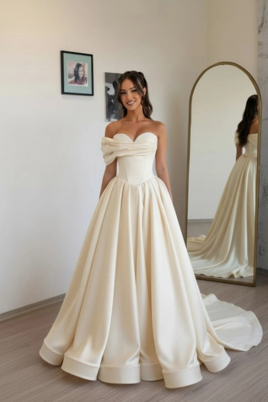 Champagne Sweetheart Off-the-Shoulder Satin Beaded A-Line Floor Length Formal Evening Gown