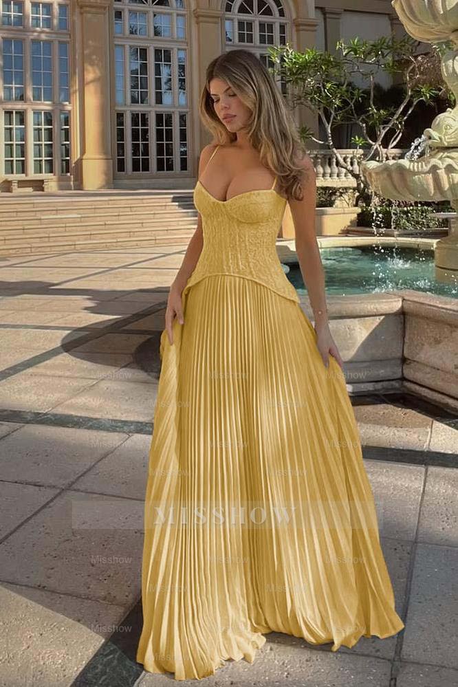 Champagne Sweetheart Sleeveless A-Line Chiffon Lace Corset Floor Formal Evening Dress