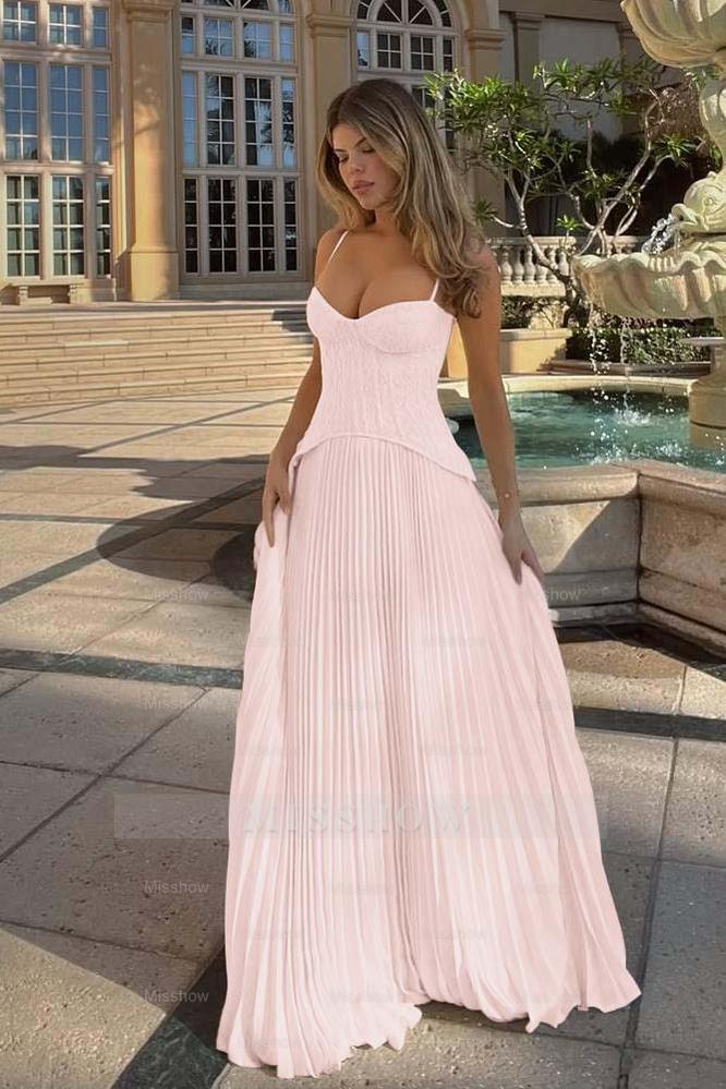 Champagne Sweetheart Sleeveless A-Line Chiffon Lace Corset Floor Formal Evening Dress