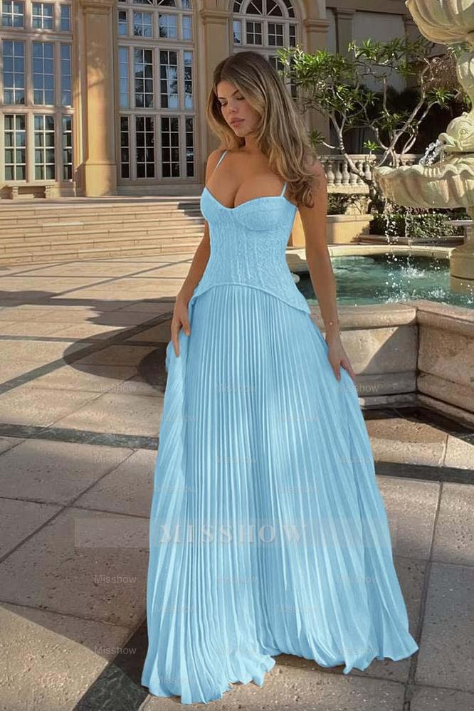 Champagne Sweetheart Sleeveless A-Line Chiffon Lace Corset Floor Formal Evening Dress