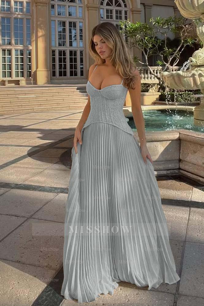 Champagne Sweetheart Sleeveless A-Line Chiffon Lace Corset Floor Formal Evening Dress
