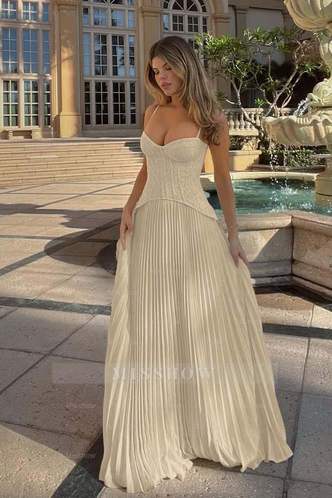 Champagne Sweetheart Sleeveless A-Line Chiffon Lace Corset Floor Formal Evening Dress