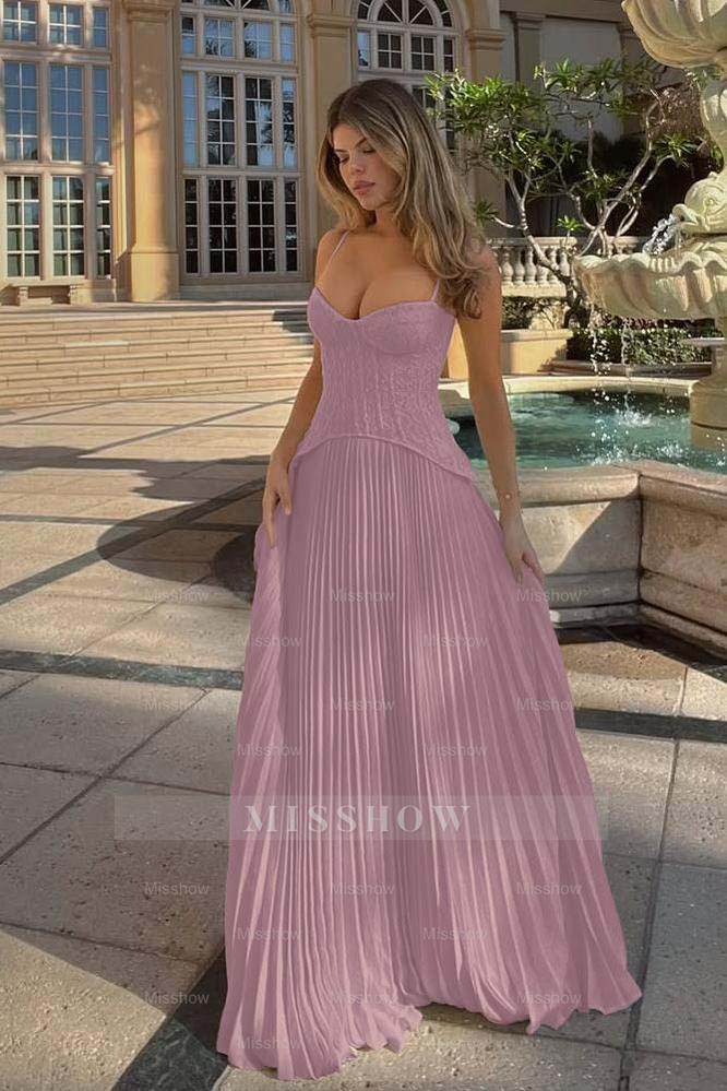 Champagne Sweetheart Sleeveless A-Line Chiffon Lace Corset Floor Formal Evening Dress