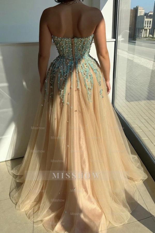 Champagne Sweetheart Sleeveless Beaded Applique A-Line Tulle Floor Formal Evening Gown