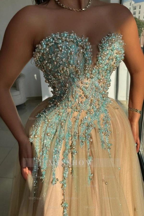 Champagne Sweetheart Sleeveless Beaded Applique A-Line Tulle Floor Formal Evening Gown