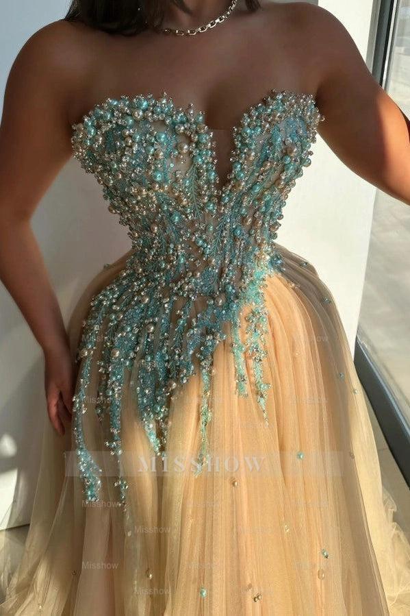 Champagne Sweetheart Sleeveless Beaded Applique A-Line Tulle Floor Formal Evening Gown