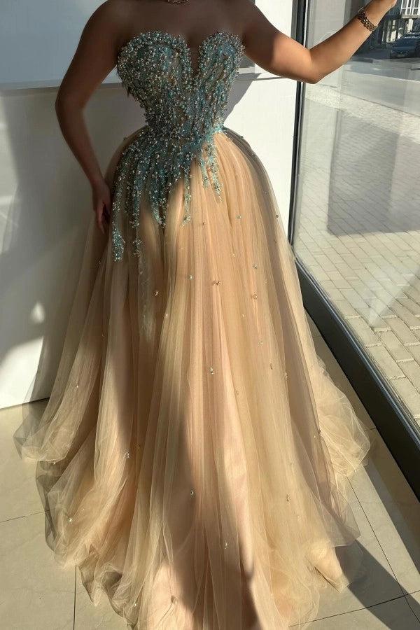 Champagne Sweetheart Sleeveless Beaded Applique A-Line Tulle Floor Formal Evening Gown
