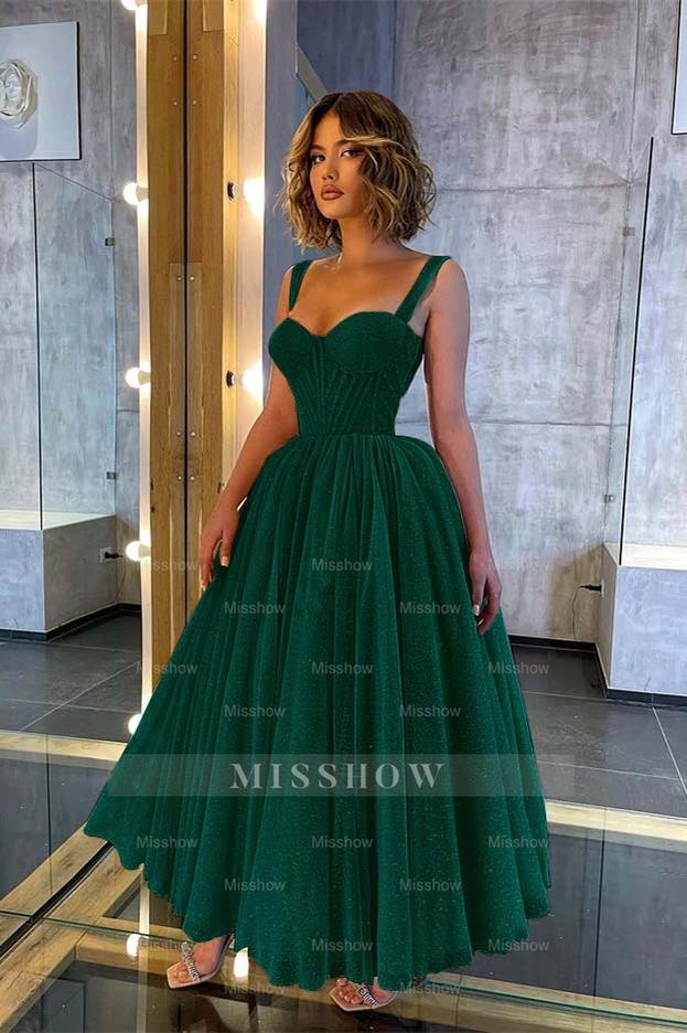 Champagne Sweetheart Sleeveless Corset Sequined A-Line Tea Length Formal Evening Dress