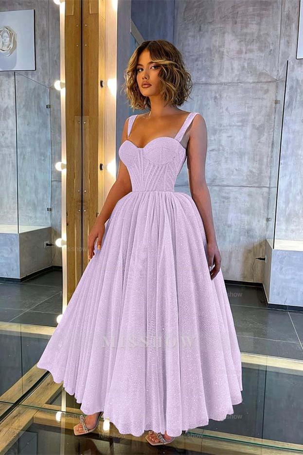 Champagne Sweetheart Sleeveless Corset Sequined A-Line Tea Length Formal Evening Dress