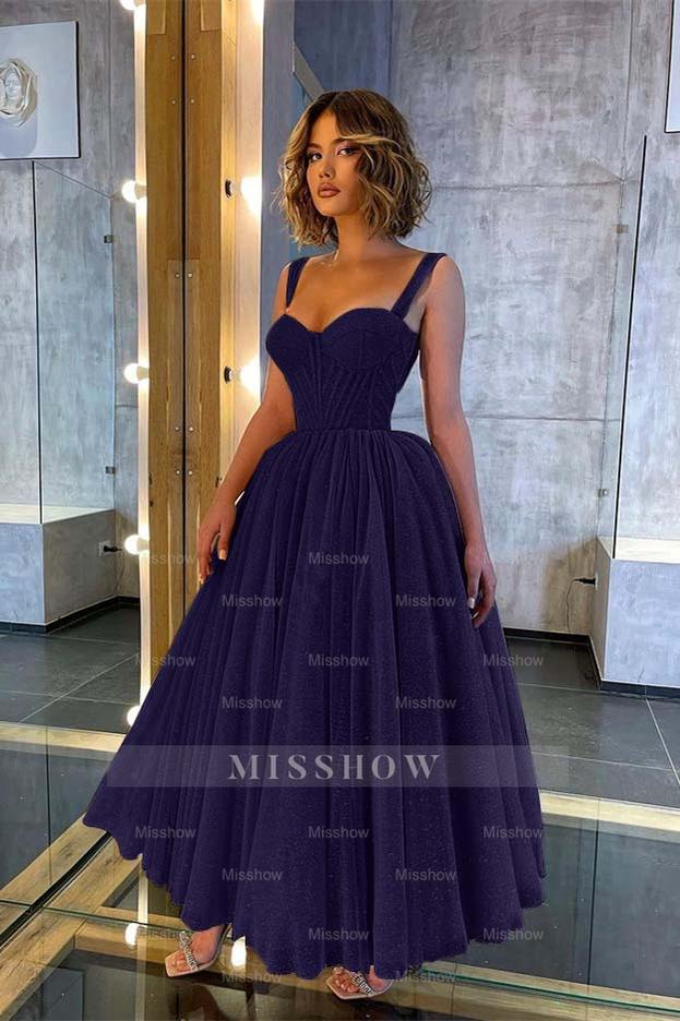 Champagne Sweetheart Sleeveless Corset Sequined A-Line Tea Length Formal Evening Dress