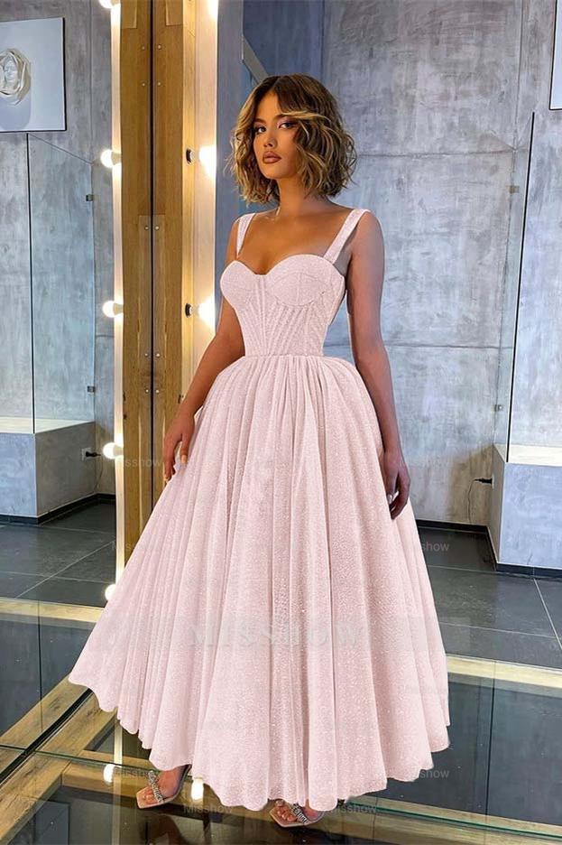 Champagne Sweetheart Sleeveless Corset Sequined A-Line Tea Length Formal Evening Dress