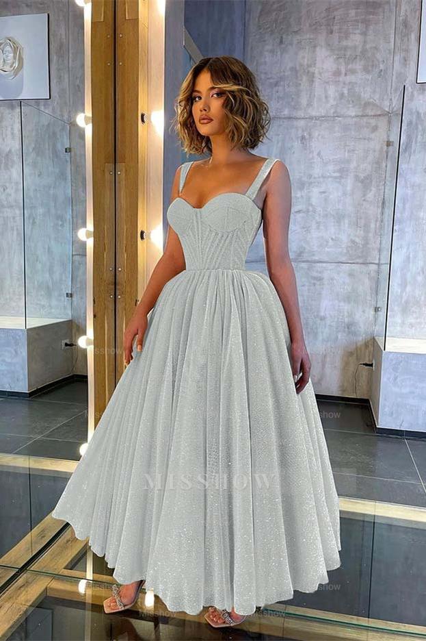 Champagne Sweetheart Sleeveless Corset Sequined A-Line Tea Length Formal Evening Dress