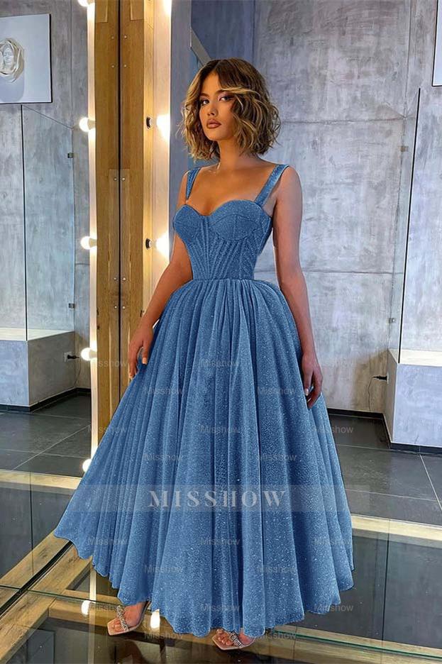 Champagne Sweetheart Sleeveless Corset Sequined A-Line Tea Length Formal Evening Dress