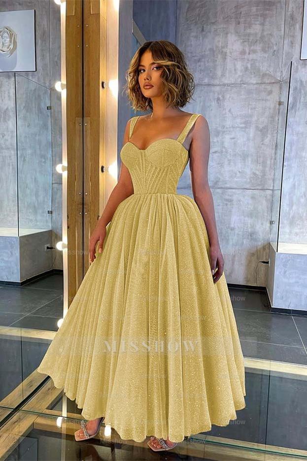 Champagne Sweetheart Sleeveless Corset Sequined A-Line Tea Length Formal Evening Dress