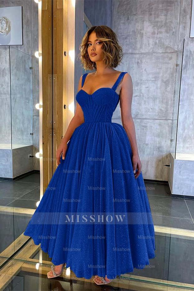 Champagne Sweetheart Sleeveless Corset Sequined A-Line Tea Length Formal Evening Dress