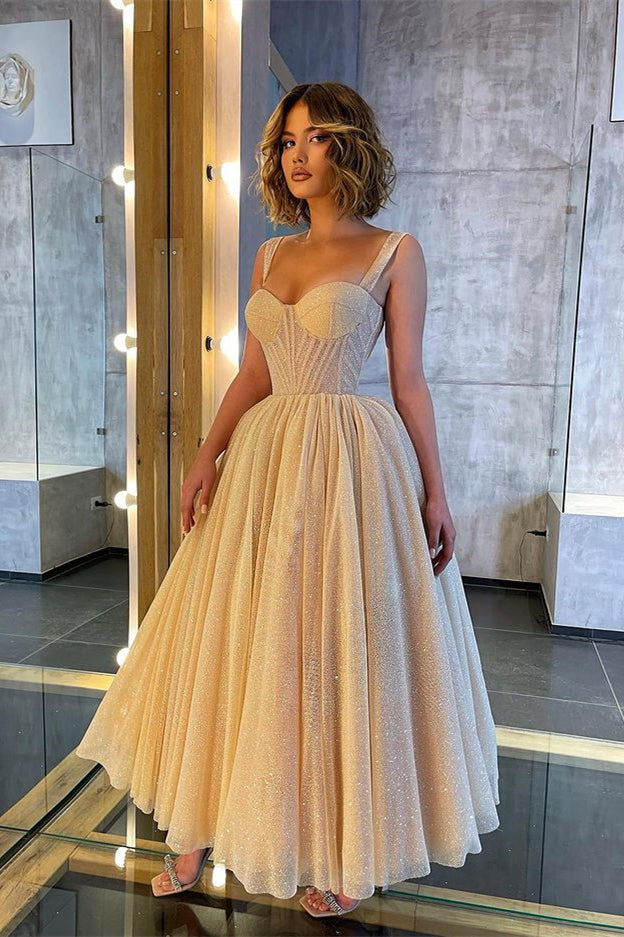 Champagne Sweetheart Sleeveless Corset Sequined A-Line Tea Length Formal Evening Dress