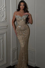 Champagne Sweetheart Sleeveless Sequin Embellished Mermaid Floor Formal Evening Gown