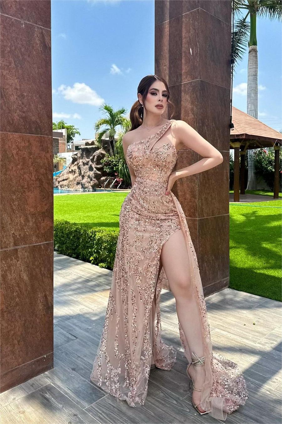 Champaign Gold Tulle One Shoulder Sleeveless Long Split Formal Dress With Beading