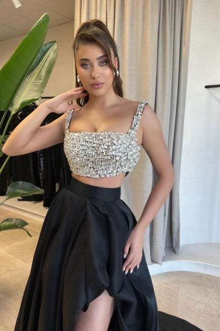 Charming A-Line Satin Square Sleeveless Black Prom Evening Dresses With Split