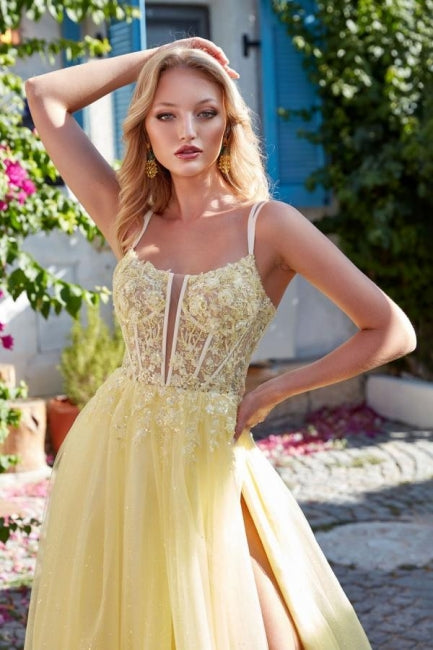 Charming A-Line Tulle Lace Spaghetti Straps Sleeveless Prom Evening Dresses With Split Front