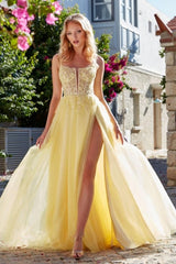 Charming A-Line Tulle Lace Spaghetti Straps Sleeveless Prom Evening Dresses With Split Front