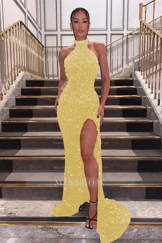 Charming Black Halter Sequins Sleeveless Mermaid Formal Dress With Front Split